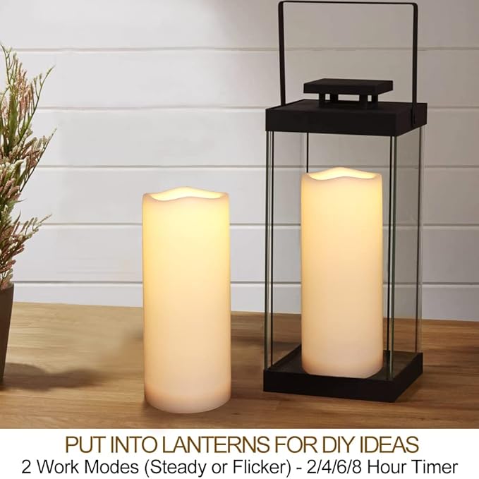 Pack of 2 White LED Candles Outdoor 3x8 - Unscented IP65 Waterproof Battery Powered Flameless Pillar With Remote and Timer - Flickering