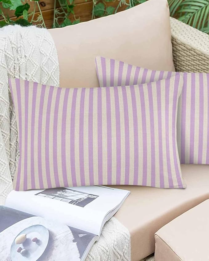 Outdoor Waterproof Throw Pillow Covers Set of 2 Purple Stripes Lumbar Pillowcases 20x12 Inches Linen Classic Vertical Striped Patio Decorative Pillows Cushion Case Patio Pillows for Couch Bed Garden