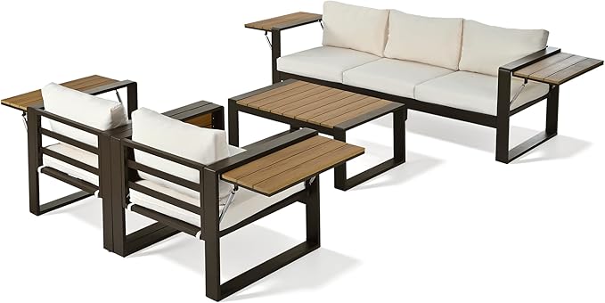 JIVOIT 4-Piece Outdoor Patio Furniture Set for 5 Person, Large Aluminum Frame Conversation Set with 3-Seater Sofa, 2 Armchairs with Fold-Out Side Tables, Modern Garden/Patio Seating, All-Weather Use