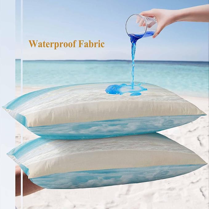 Yukro Coastal Ocean Outdoor Waterproof Pillow Covers Pack of 2, Ocean Waves Beach Sea Shore Throw Pillowcases Decorative Cushion Covers for Garden Patio Tent Sofa Couch, 20x12 inch