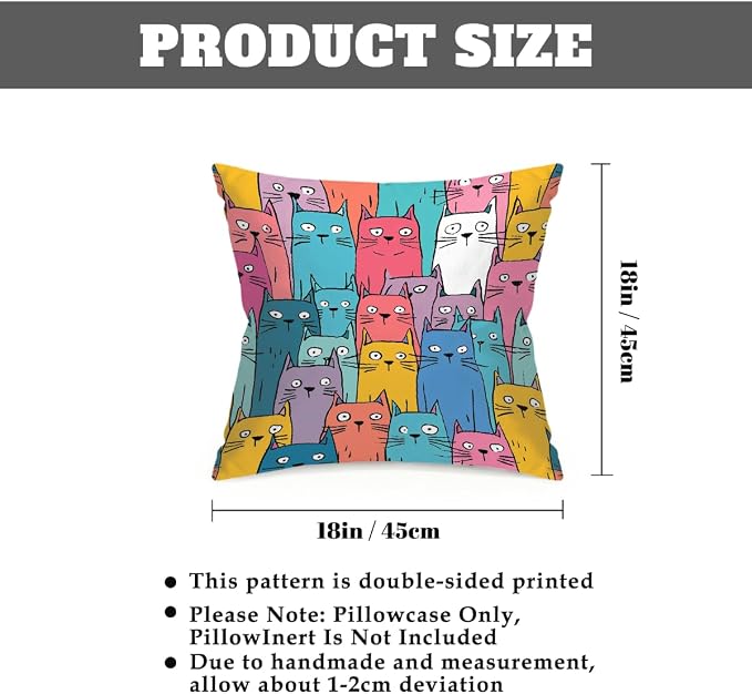 18x18 Inch Outdoor Pillow Covers Set of 2 Waterproof Throw Pillow Covers Decorative Couch Cushion Covers Colorful Cats Pattern Square Pillowcases Protectors for Patio Garden Sofa