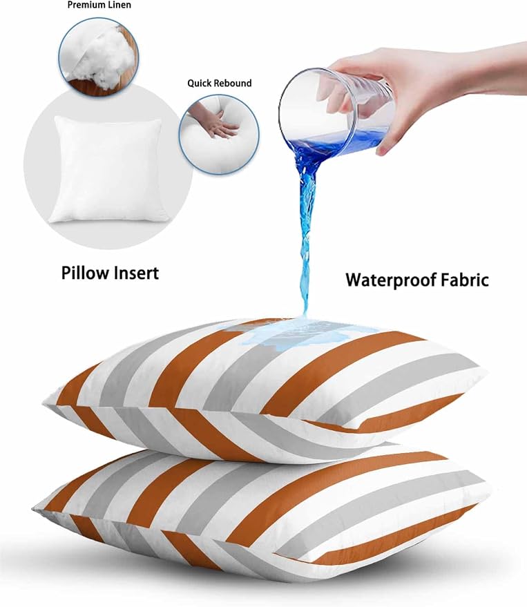 Outdoor Pillows Waterproof, Burnt Orange Gray Striped Bedding Throw Pillows with Insert for Couch Sofa Bed, Farmhouse Stripe Art 12x20 Inch Pillowcases Camping Patio Pillow Set of 2