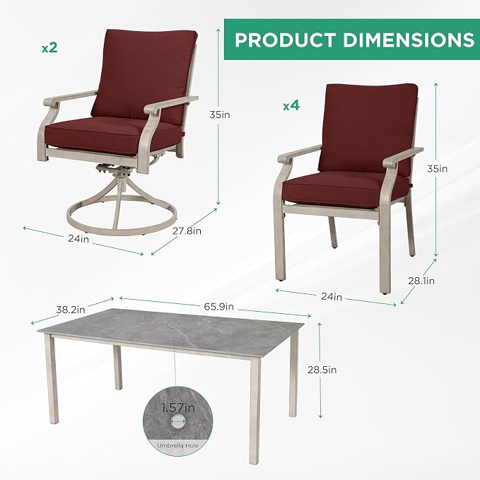 7-Piece Patio Dining Set, Grey Food-Grade Sintered Stone Dining Table with Umbrella Hole, 4 Dining Chairs and 2 Swivel Chairs with Red Removable Thickened Cushions for Garden Lawn Yard
