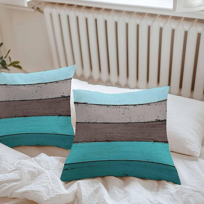 Outdoor Throw Pillow Covers 24X24 Set of 2 Waterproof Ombre Peacock Blue Gray Decorative Zippered Cushion Covers for Patio Furniture, Farmhouse Retro Rustic Barn Wood Texture Lumbar Pillowcases