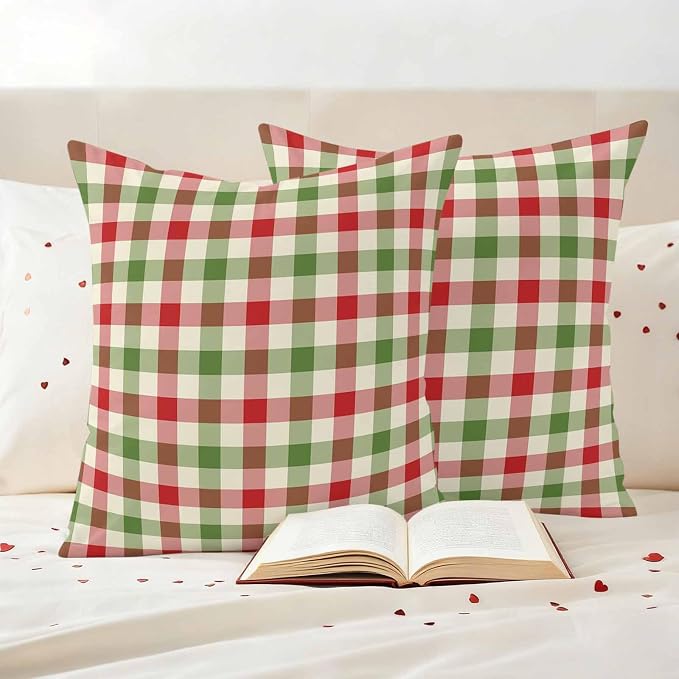 Outdoor Throw Pillow Covers,Vintage Pastoral Red Green Buffalo Gingham Waterproof Decorative Pillowcases Cushion Cover Christmas Plaid Pillow Cases for Patio Couch Sofa Bed,16x16in Set of 2