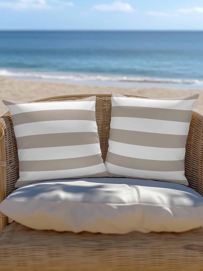 Waterproof Outdoor Pillow Set of 2 Khaki White Stripe Decorative Throw Pillows Cover & Insert 16x16 Inch Pillowcase Simple Style Striped Pillows for Couch Sofa Bed Patio Furniture Indoor Outdoor