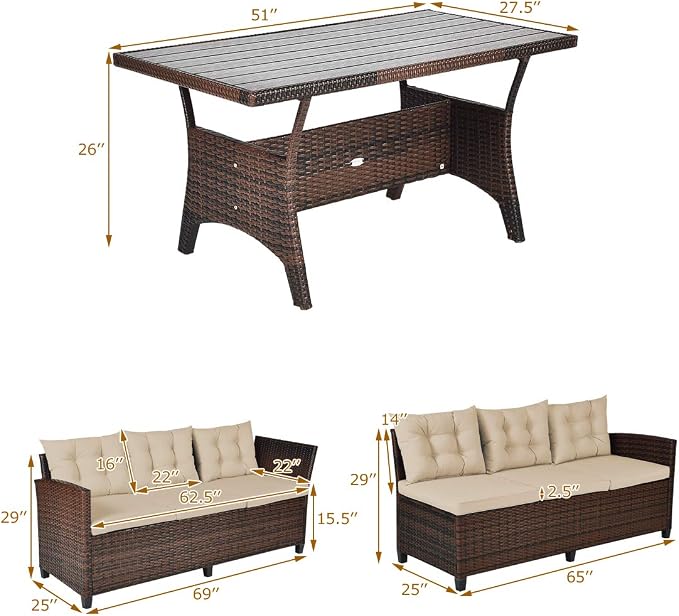 HAPPYGRILL 3-Piece Outdoor Patio Furniture Set Rattan Wicker Sofa Set with Seat & Back Cushions, Manual Weaving Conversation Set with Coffee Table for Patio Garden Backyard