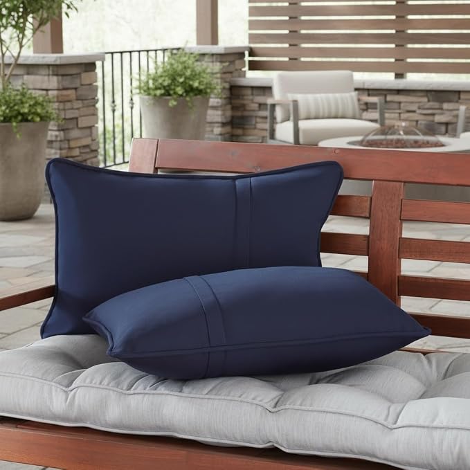 Sunbrella Rectangular Outdoor Throw Pillows 21x14 Set of 2 - Corded Lumbar Patio Accent Pillows with Pleated Design & Removable Zipper Covers – Weather & Fade Resistant Pillows, Canvas Navy