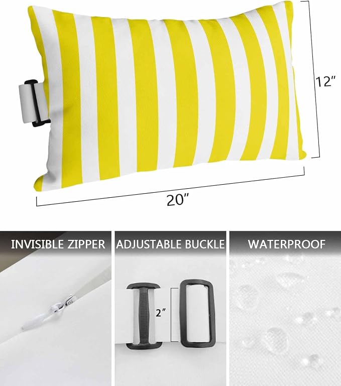 Lumbar Pillow Covers Set of 2, Yellow Striped Waterproof Outdoor Chaise Lounge Pillow Covers with Elastic Strap, Modern Farmhouse Yellow White Stripes Headrest Pillowcase for Patio, 12 x 20