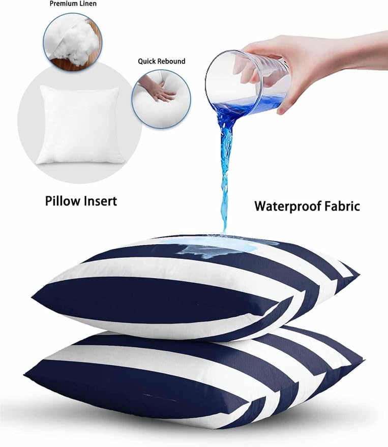 Waterproof Outdoor Pillow Set of 2 Navy Blue Stripe Decorative Throw Pillows Cover & Insert 20x12 Inch Lumbar Pillowcase Simple Style White Striped Pillows for Couch Sofa Bed Patio Furniture