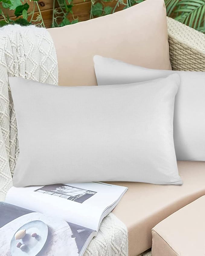 Outdoor Waterproof Pillow Covers for Patio Furniture Pure White Decorative Throw Pillow Cover Solid Color Pillowcases Set of 2 Cushion Case for Sofa Couch Chair Home Decor 20x12 inch x 2pcs