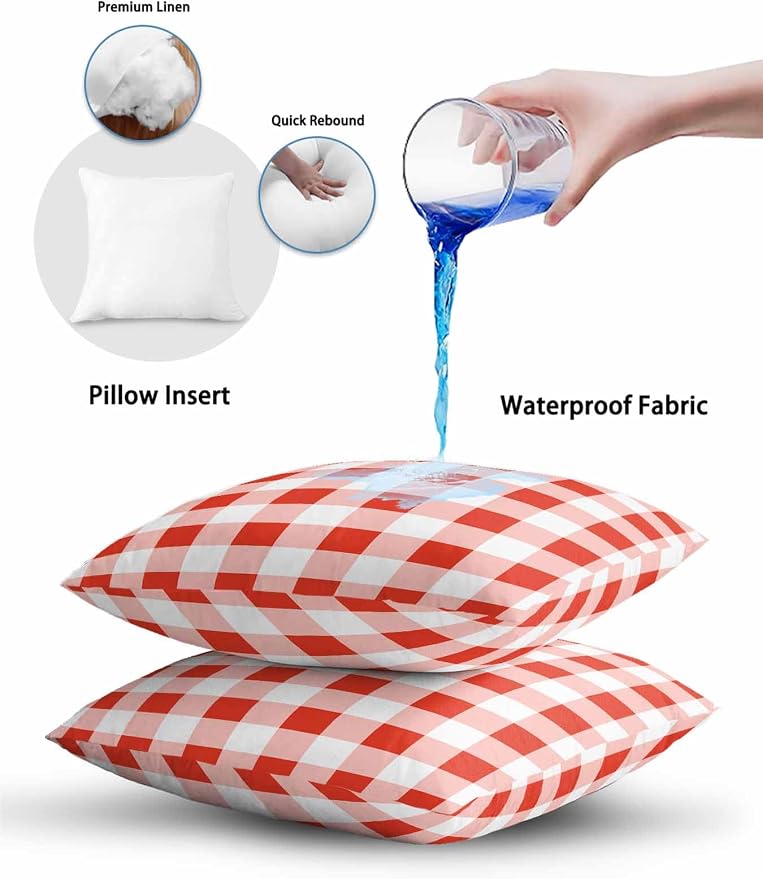 Waterproof Outdoor Pillow Set of 2 Red Buffalo Plaid Decorative Throw Pillows Cover & Insert 20x12 Inch Lumbar Pillowcase Check Lines Pillows for Couch Sofa Bed Patio Furniture Indoor Outdoor