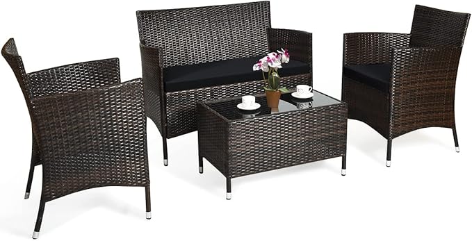 COSTWAY 4PCS Rattan Patio Furniture Set | Outdoor Wicker Rattan Chairs with Coffee Table, Rattan Cushioned Conversation Set for Backyard Balcony Porch Poolside, Black