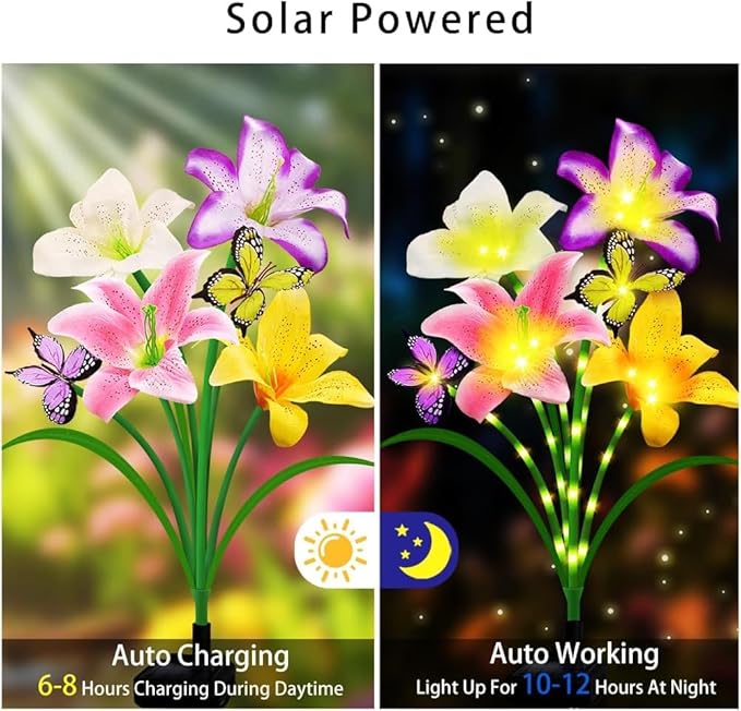 Solar Lights Outdoor, Gift for Women Mom Grandma, 2 Pack with 8 Solar Lily Flower Lights and Butterfly Decor, Solar Flower Lights Waterproof, Outside Decor Stake Light for Landscape Yard Patio Lawn