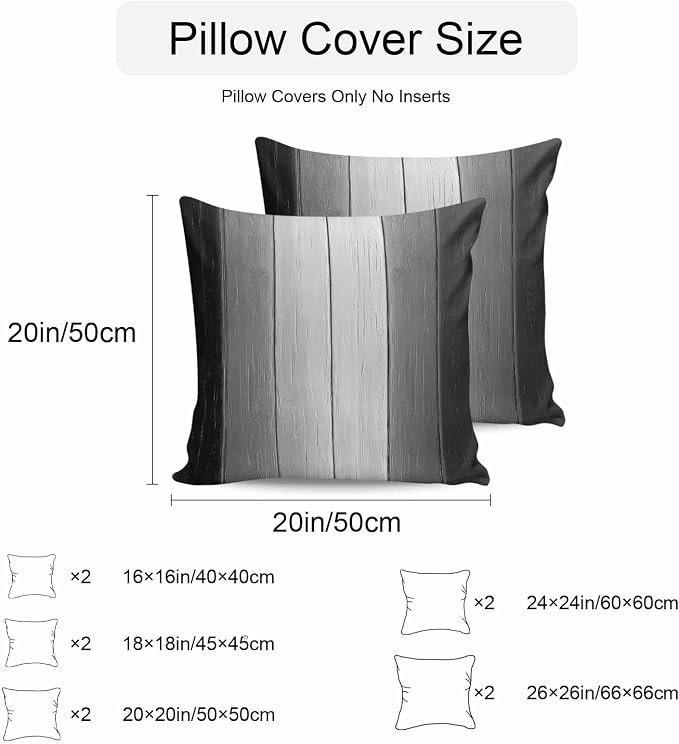 Throw Pillow Covers 20x20 Inch Set of 2, Black Gray Ombre Waterproof Outdoor Cushion Covers, Vintage Country Wooden Decorative Pillowcases for Couch, Sofa, Bed, Garden, Patio