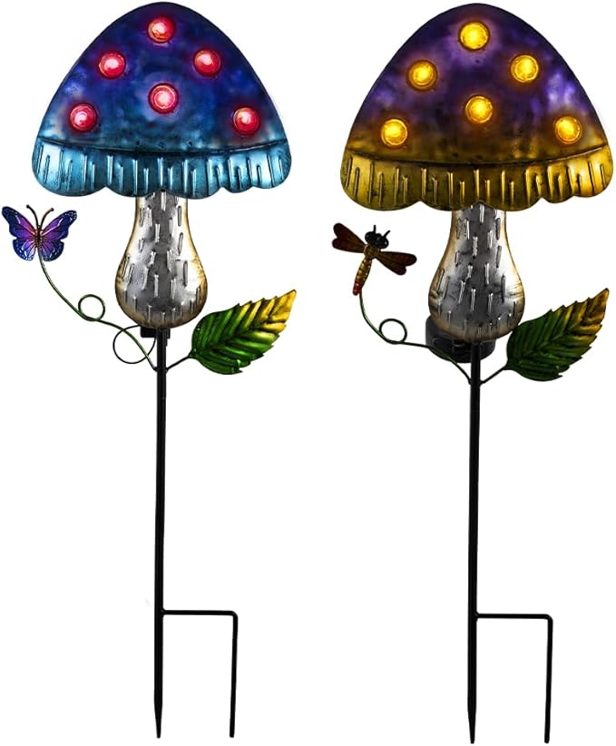 Solar Mushroom Lights for Outside 2 Pack，Mushroom Solar Lights Outdoor Metal Stakes Decorate Garden,Path,Backyard,Flower Bed,Pathway,Lawn