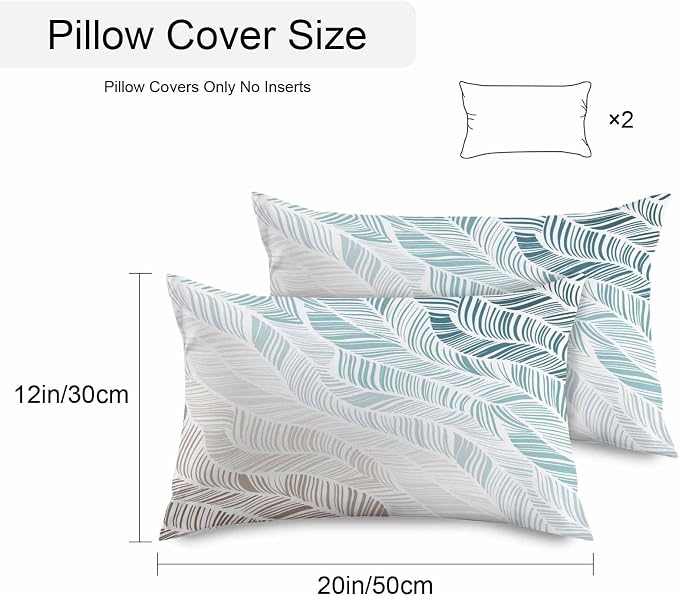 Vandarllin Outdoor Throw Pillows Covers 20x12 inch Set of 2 Waterproof Summer Beach Decorative Zippered Cushion Covers for Patio Furniture, Ombre Blue Abstract Leaf Lines Lumbar Pillowcases