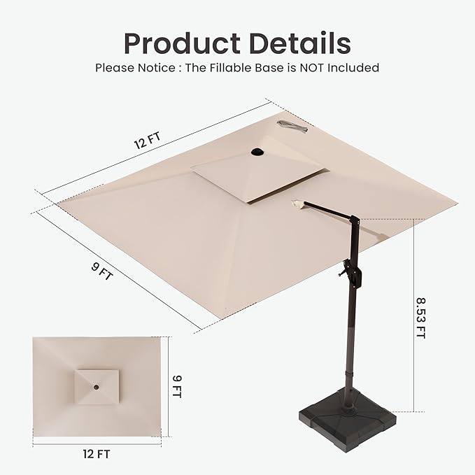 9x12 FT Cantilever Patio Umbrella with Led Lights Double Top Outdoor Rectangular Large Heavy Duty Aluminum Offset Umbrellas with 7 Level Tilt 360-degree Rotation for Pool Garden Deck, Beige