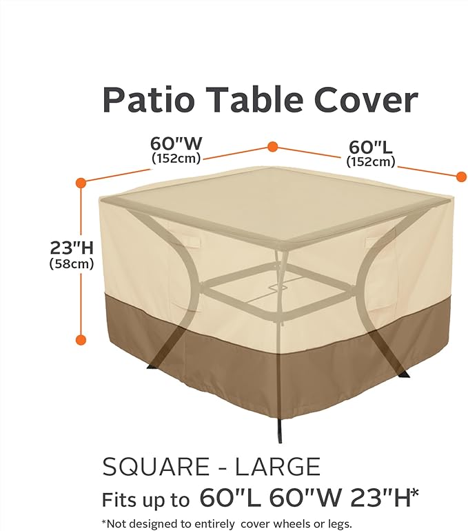 Classic Accessories Veranda Water-Resistant 60 Inch Square Patio Table Cover, Outdoor Table Cover Pebble/Bark/Earth