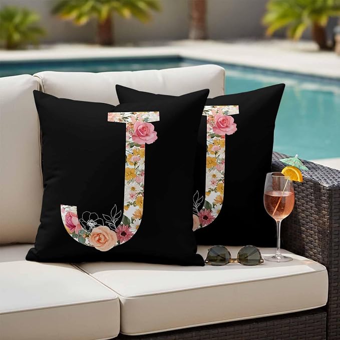 Black Letter J Flower Outdoor Pillow Covers Set of 2 Watercolor Alphabet J Pink Beige Floral Leaf Waterproof Throw Pillow Cover Decorative Cushion Cases for Patio Porch Garden 26X26 Inch
