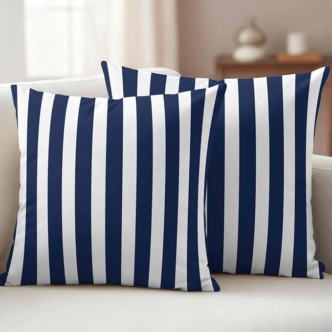 Navy Blue Striped Outdoor Waterproof Throw Pillow Covers 20x20 Set of 2, Modern Farmhouse Blue White Stripes Decorative Pillowcases Cushion Pillowcase for Couch Sofa Patio Outside Pillow Protector