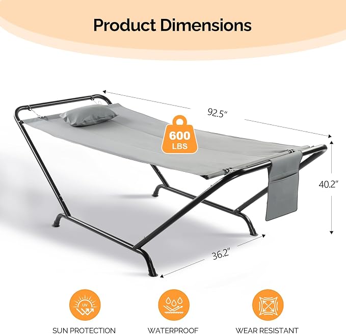 ONCLOUD Iron Hammock with Stand, Hammock Stand with Double-Layer Oxford Cloth Hammock, Portable Heavy-Duty Hammock for Outdoors, Garden, Patio, Yard, 550lbs (Gray)