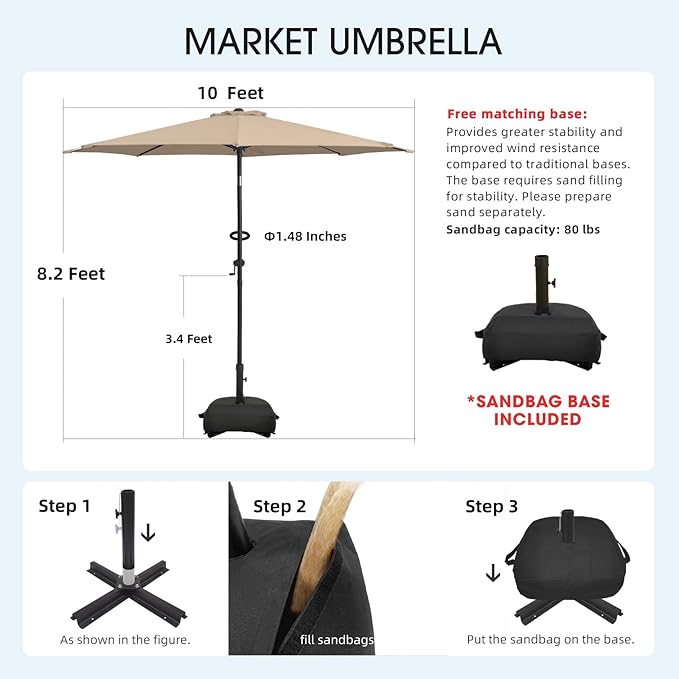 wikiwiki 10FT Patio Umbrella with Base, Outdoor Umbrellas with Base Included, 8 Sturdy Ribs, Waterproof Fade Resistant POLYESTER DTY Canopy for Deck, Lawn, Garden, Backyard & Pool, Beige