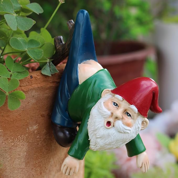 Funny Garden Gnome Statue Flower Pot Hugger, Pants Hanging on Branch Gnome Figurine Resin Sculpture Outdoor Decor Patio Lawn Yard Fence Plant Pot Ornaments