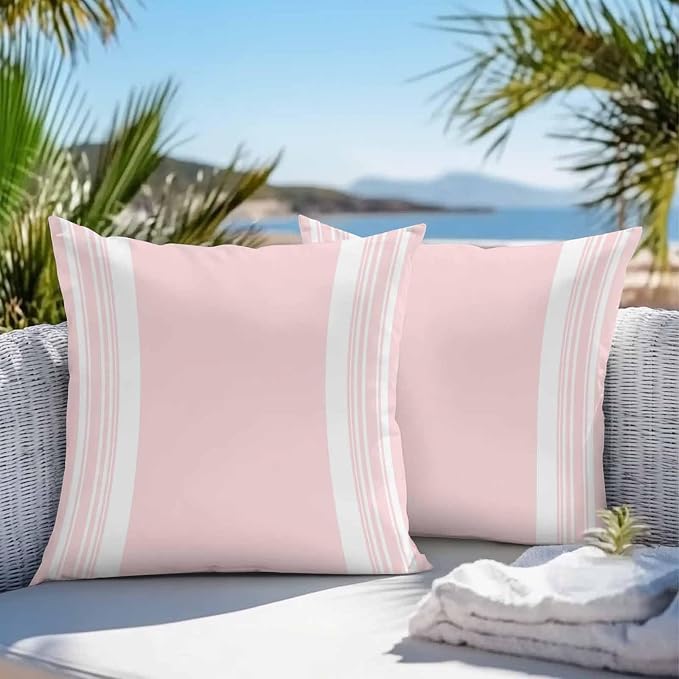 Farmhouse Pink Outdoor Waterproof Throw Pillow Covers 20x20 Set of 2, Aesthetic Modern Line Striped Decorative Pillowcases Cushion Pillowcase for Couch Sofa Patio Outside Pillow Protector