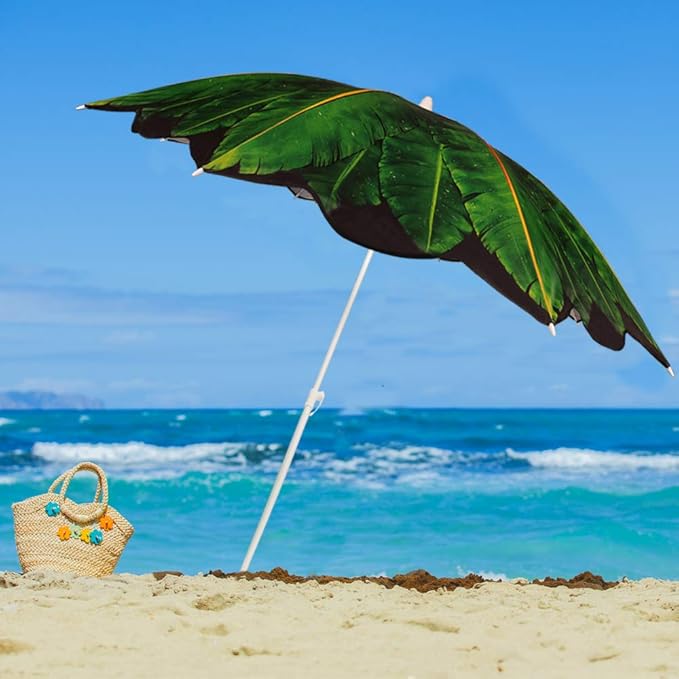 Beach Umbrella with Sand Anchor & Carry Bag, 6.5 Foot Patio Outdoor Umbrella with Wind Vent Canopy and Push Button Tilt, Ideal for Travel Garden Lawn, UPF 50+ (Banana Leaf)