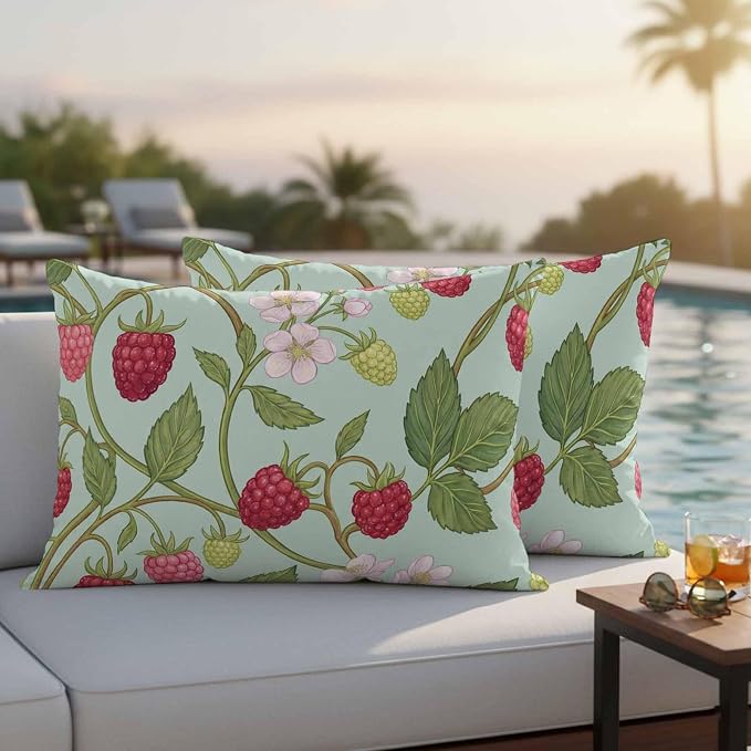 Raspberry Leaves Outdoor Pillow Covers 20"x12" Set of 2, Watercolor Red Pink Fruit Floral Mint Green Waterproof Throw Pillow Covers for Patio Furniture, Decorative Cushion Covers for Porch