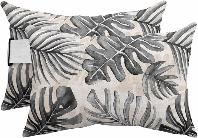 Pack of 4 Outdoor Lumbar Pillow Covers 11x16 Inch, Balck Monstera Deliciosa Waterproof Throw Pillow Covers Set, Summer Botanical Tropical Vintage Decorative Cushion Cases for Patio Porch Car