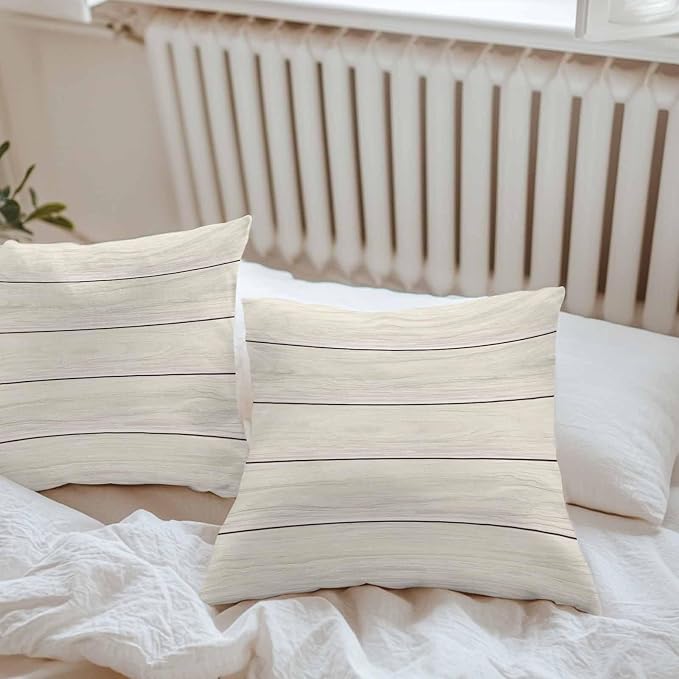 Vandarllin Outdoor Throw Pillow Covers 18X18 Set of 2 Waterproof Ivory White Decorative Zippered Cushion Covers for Patio Furniture, Farmhouse Retro Rustic Barn Wood Texture Lumbar Pillowcases