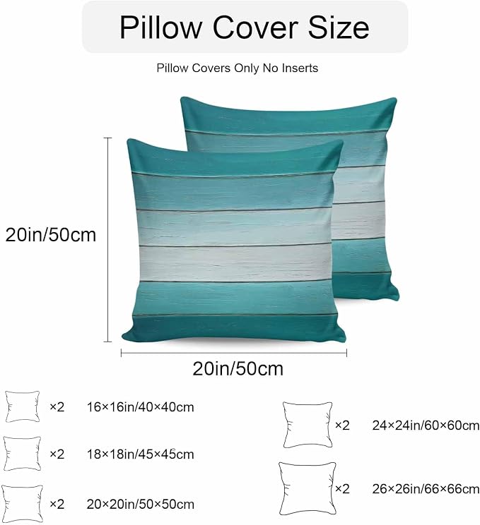 Teal Turquoise Outdoor Pillow Covers 20x20 Inch Throw Pillow Covers Set of 2 Waterproof Decorative Pillow Cases Farmhouse Abstract Gradient Wooden Plank Cushion Covers for Patio Furniture Garden Couch