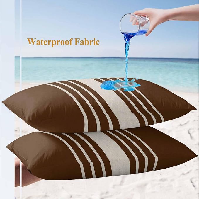 Lumbar Pillow Covers 20x12 Inch Set of 2, Brown Beige Striped Waterproof Outdoor Cushion Covers, Modern Farmhouse Retro Lines Decorative Pillowcases for Couch, Sofa, Bed, Garden, Patio