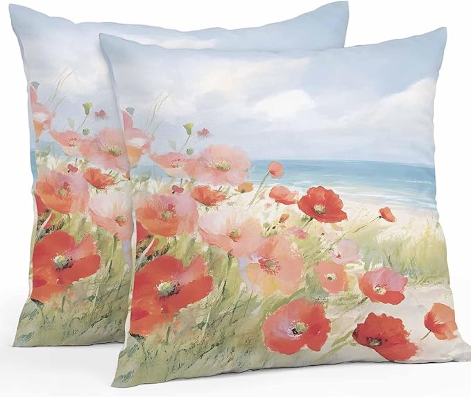 Spring Red Pink Floral Outdoor Pillow Covers 26x26 Inch Throw Pillow Covers Set of 2 Waterproof Decorative Pillow Cases Summer Coastal Beach Wave Ocean Blue Cushion Covers for Patio Furniture Garden