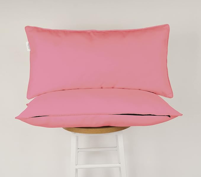 Indoor/Outdoor Polyester Fabric Lumbar Pillow Cover, All-Weather Waterproof Rectangular Cushion Case for Patio Furniture, 12 x 18 Set of 2 -Rose Pink