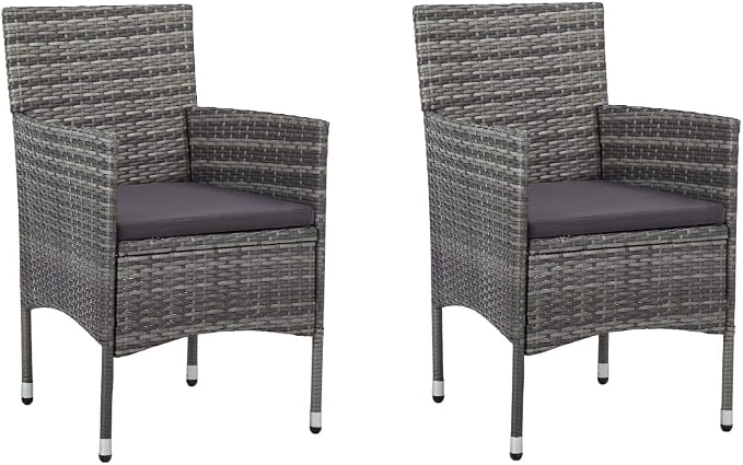 3 Piece Patio Dining Set Gray with PE Rattan and Cushions for Outdoor Garden Backyard, Glass Tabletop Steel Frame for Porch Poolside Relaxation