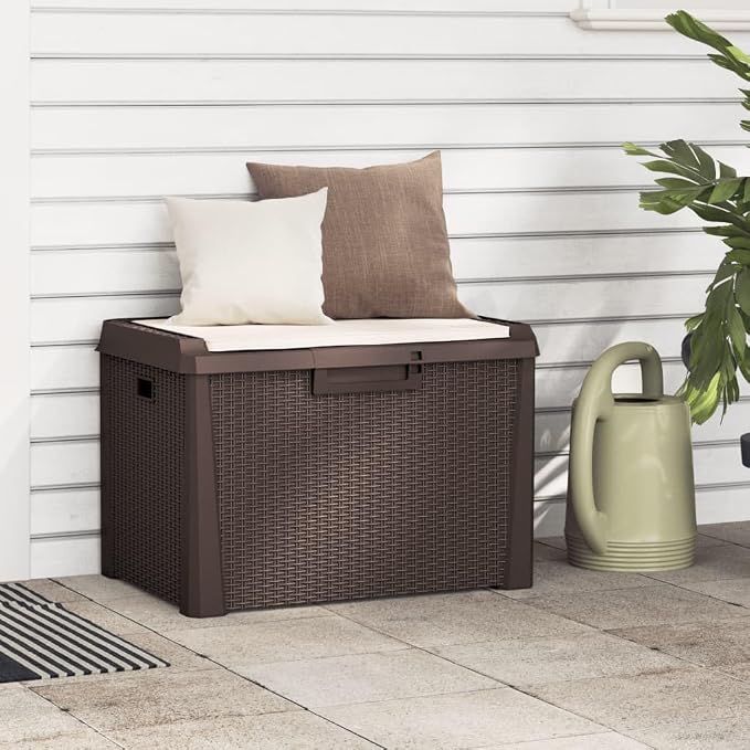 Garden Storage Box with Seating, 125L Outdoor Deck Box for Patio Cushions, Blankets, Gardening Tools, Heavy Duty Polypropylene Container, Brown
