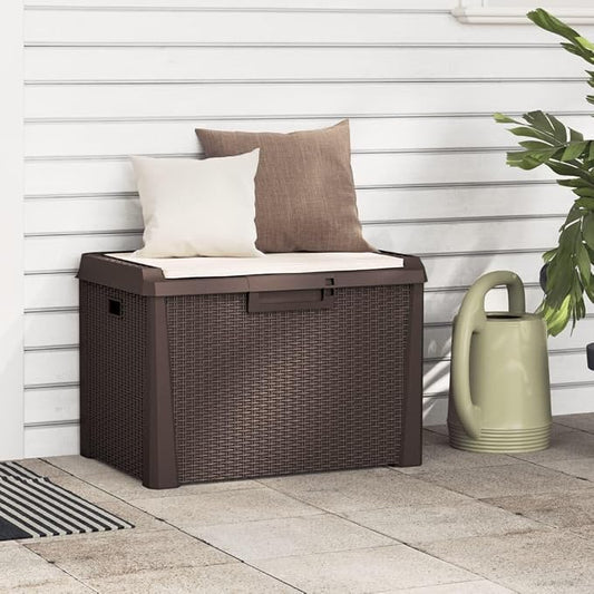 33 Gallon Garden Storage Box with Seat Cushion, 33 gal PP Patio Storage Box Brown, Lockable Outdoor Chest with Gas-Lift Design for Cushions and Blankets