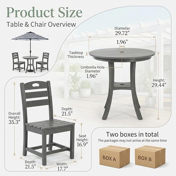 3-Pcs Outdoor Patio Dining Table Set of 3, Outdoor Patio Round 29.72'' Dining Table Bistro Set and Armless Chair for Lawn Garden Backyards, HDPE Material & 1.96'' Umbrella Hole, Gray