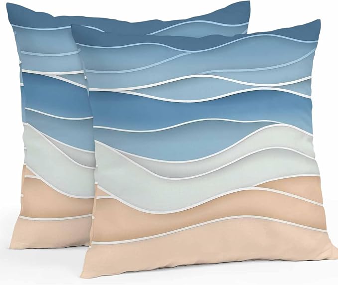 Blue Waterproof Outdoor Pillow Covers Set of 2 Home Decor, Ocean Wave Stripes Modern Abstract Beach Geometric Pillowcase Patio Pillow Covers for Couch Bench Furniture Garden 20x20in