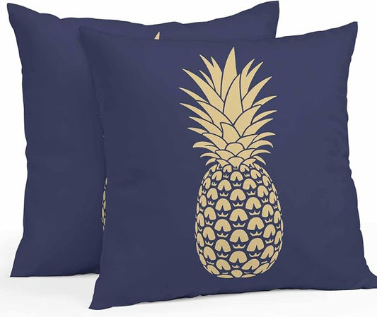 Yellow Pineapple Outdoor Waterproof Pillow Covers, Summer Fruits Navy Blue Decorative Square Throw Pillowcase Sofa Cushion Sham for Patio/Couch/Chair, 16"x16" 2 Pack