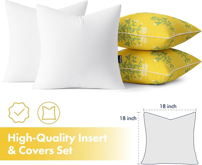 MIULEE Floral Outdoor Pillows Covers with Inserts 18x18 Yellow | Set of 2 Waterproof Decorative Throw Pillows with Piping,Vintage Fade Resistant, Patio Furniture Summer Garden Couch Sofa