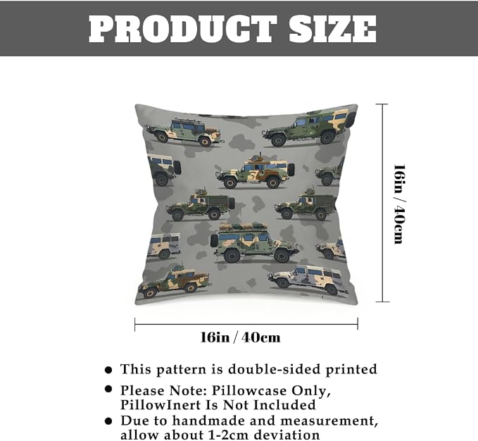 16x16 Inch Outdoor Pillow Covers Set of 2 Waterproof Throw Pillow Covers Decorative Couch Cushion Covers Army Vehicles Theme Square Pillowcases Protectors for Patio Garden Sofa