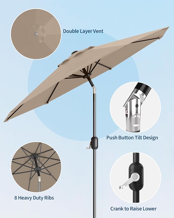 TROPOW 9FT Outdoor Patio Umbrella with 99.9% UV Protection Double-Layer Canopy, Strong Iron Frame, Crank Tilt & Detachable Pole for Easy Use, Perfect for Garden, Deck, Pool, Backyard & Patio Table,