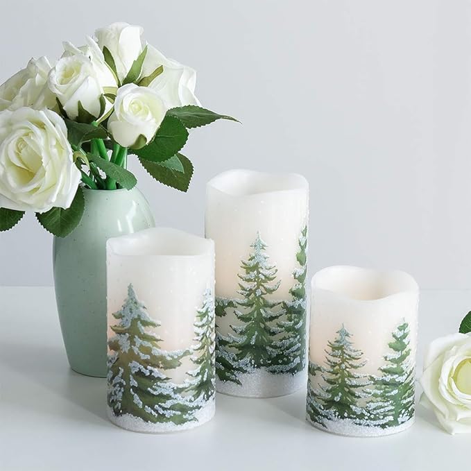 Wondise Flickering Flameless Pillar Candles with Timer, Battery Operated Real Wax Warm Light Christmas Tree Pine Tree Decal Candle for Home Decoration Christmas Gifts, Set of 3(D3 x H4/5/6 Inch)