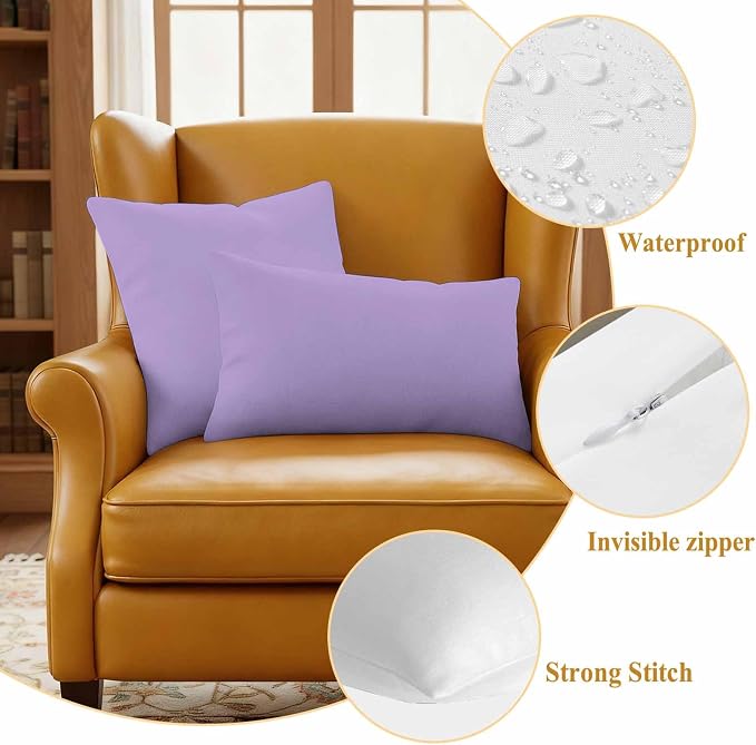 Minimalist Solid Color Outdoor Waterproof Throw Pillow Covers Set of 2, 20"x12", Pure Lavender Purple Simple Decorative Pillow Covers Outside Cushion Case for Patio Porch Garden