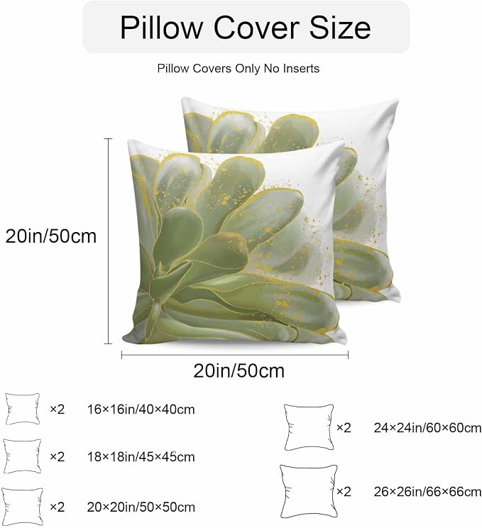 Vandarllin Outdoor Throw Pillows Covers 20x20 inch Set of 2 Waterproof Sage Green Watercolor Floral Decorative Zippered Cushion Covers for Patio Furniture, Golden Lines Lumbar Pillowcases