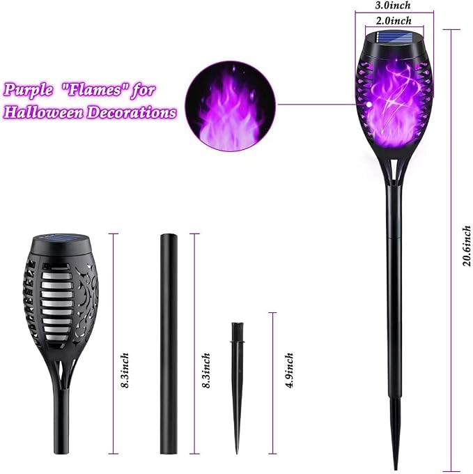 16Pack Purple Solar Halloween Lights for Halloween Decorations Outdoor | Halloween Solar Lights Outdoor with Flickering Flame, Waterproof Torches for Outside, Scary Halloween Yard Pathway Decoration